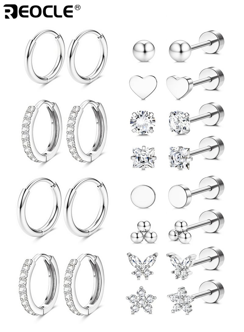 REOCLE 12 Pair Hypoallergenic Surgical Steel Earrings for Sensitive Ears Flat Back Stud Earrings Small Stainless Steel Hoop with Screw Back Secure Fit Comfortable to Wear Ideal for Multiple Piercings for Women and Men - Image 1