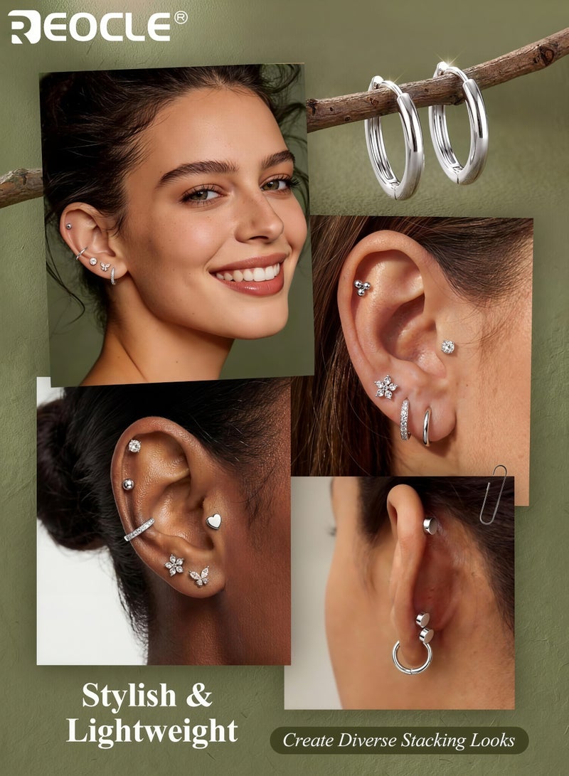 REOCLE 12 Pair Hypoallergenic Surgical Steel Earrings for Sensitive Ears Flat Back Stud Earrings Small Stainless Steel Hoop with Screw Back Secure Fit Comfortable to Wear Ideal for Multiple Piercings for Women and Men - Image 2