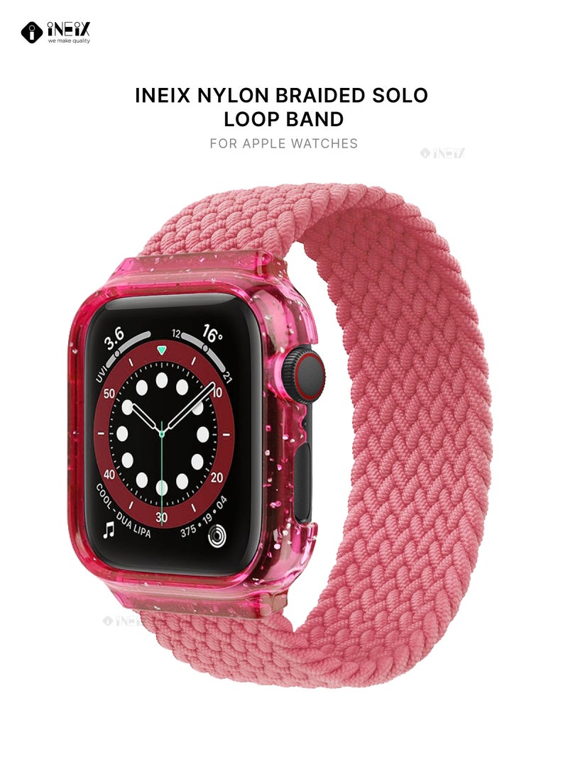 إينيكس سوار ساعة مجدول (مُضفّر) من نايلون قابل للتمدد مع غطاء لامع متوافق مع ساعات ابل 44 ملم (طول حزام 155 ملم ) - وردي - Image 1