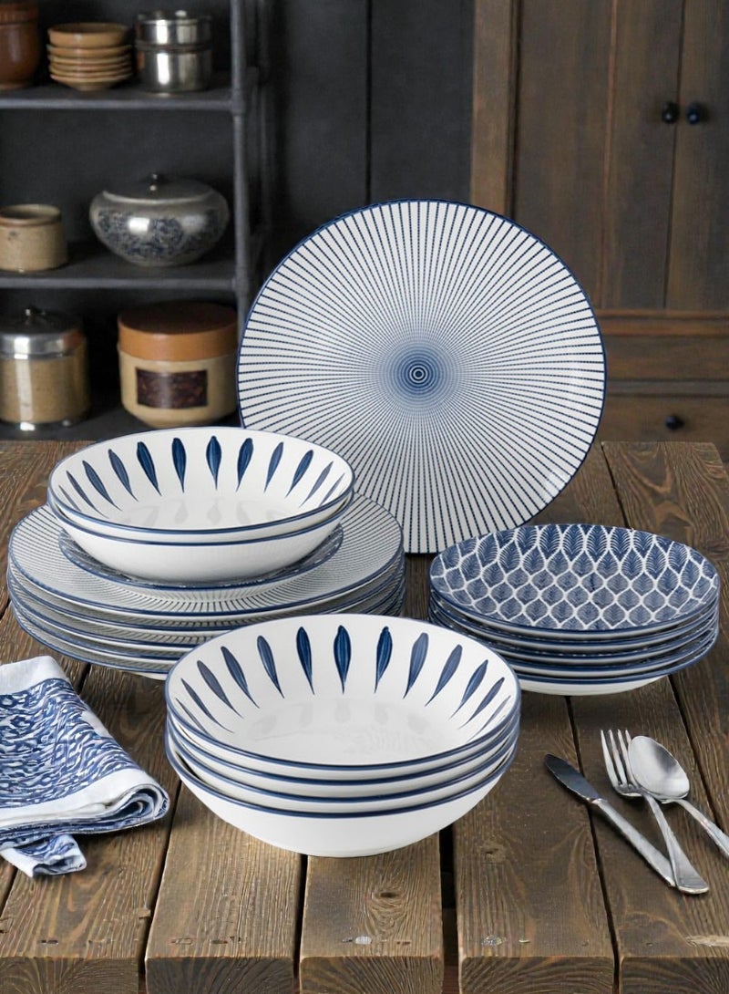 Noon East 18 piece Porcelain Dinnerware Set, Set for 6, Microwave & Dishwasher Safe, Blue Abstract Design - Image 1