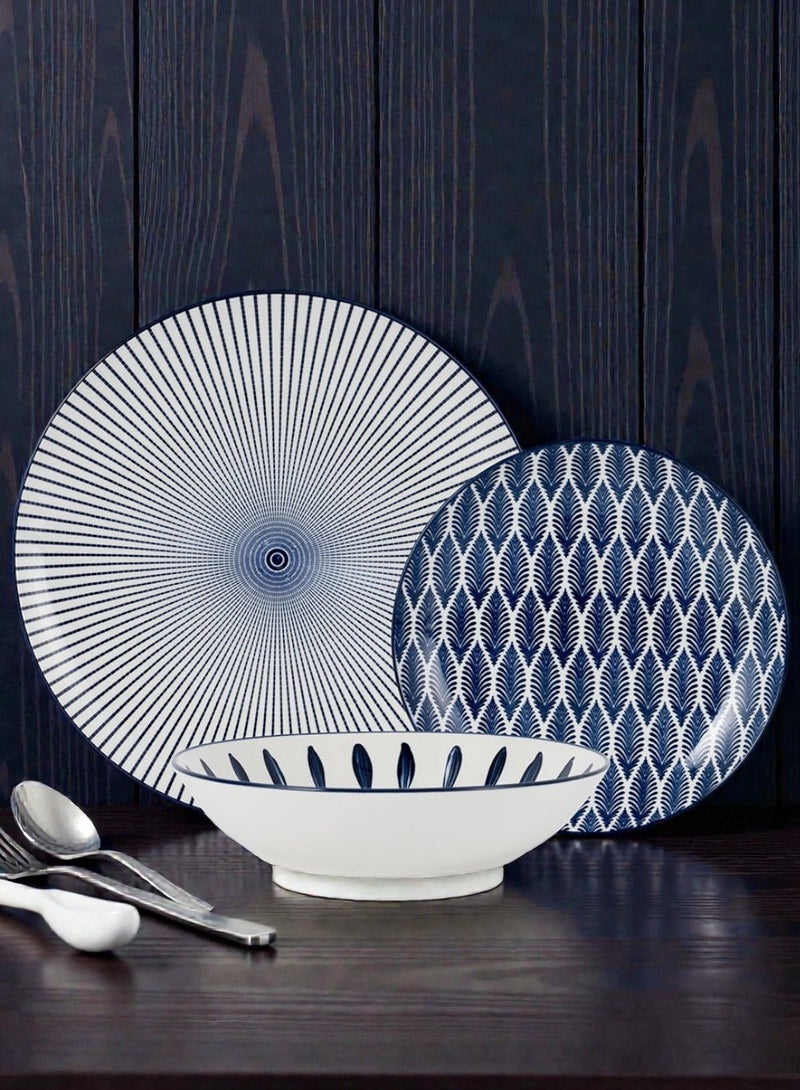 Noon East 18 piece Porcelain Dinnerware Set, Set for 6, Microwave & Dishwasher Safe, Blue Abstract Design - Image 5