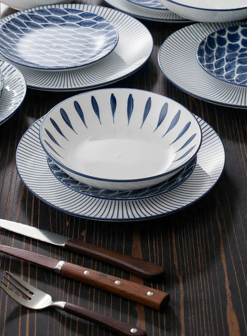 Noon East 18 piece Porcelain Dinnerware Set, Set for 6, Microwave & Dishwasher Safe, Blue Abstract Design - Image 3