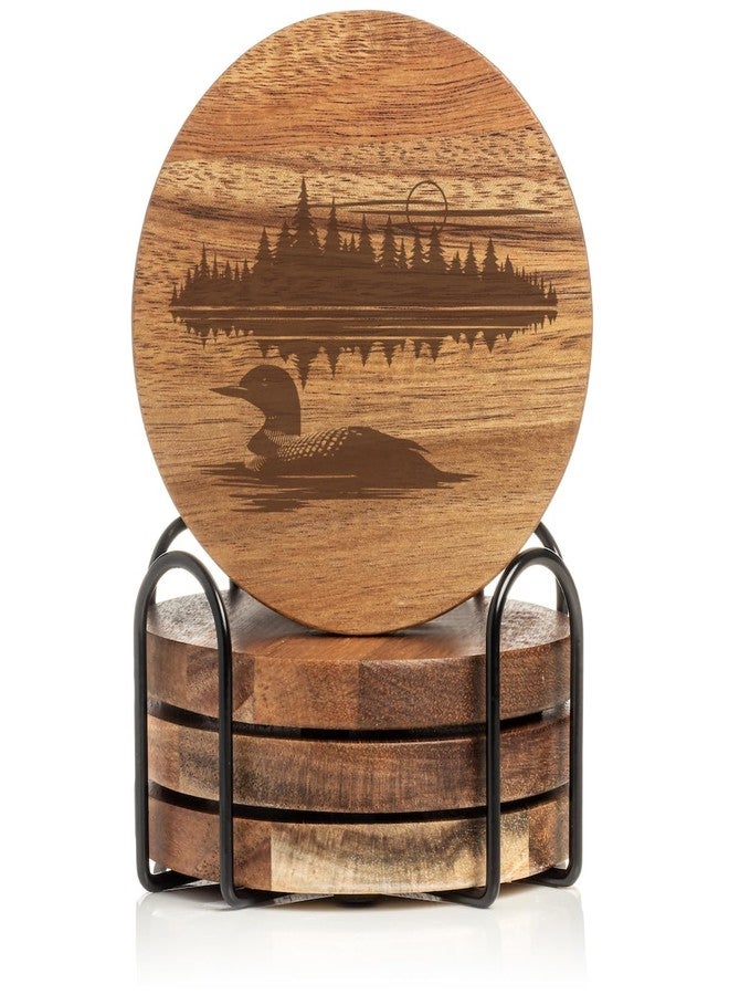 Set of 4 Drink Coasters with Holder Gift Lake Loon (Acacia Wood)