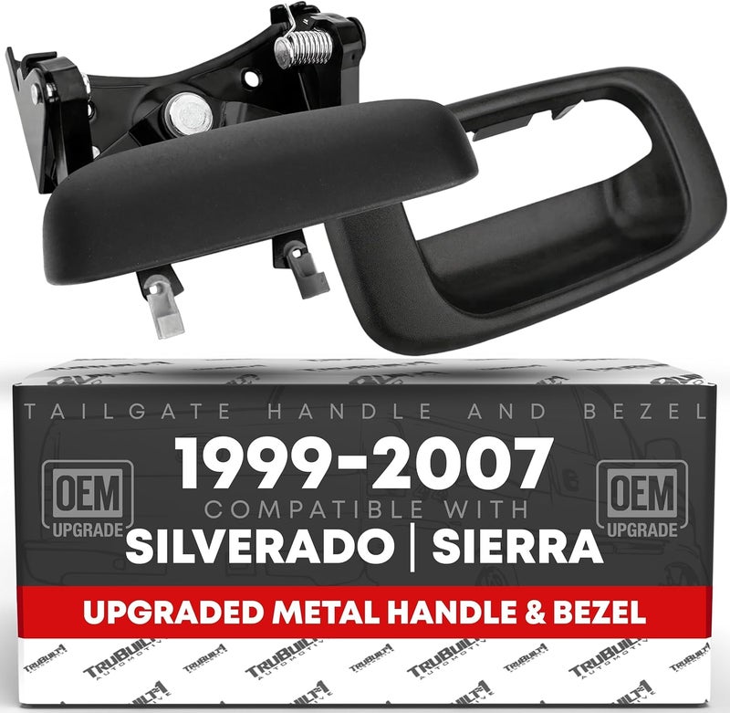 T1A Tailgate Handle Latch w/Improved Bezel Trim with Rod Clips - Upgraded Metal Handle Compatible with 1999-2007 Chevy Silverado GMC Sierra 1500 2500 3500 - OEM 15997911, 15228539, 15228541, 15228540 - Image 1