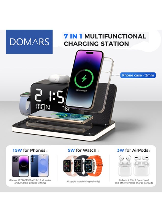 Domars 7-in-1 Wireless Charging Station: Charger Stand for Multiple Devices for iPhone 17 16 15 14 13 12 Pro Max Apple Watch Airpods, Wireless Charger Bluetooth Time Sync & Temperature,Wireless Charger with Night Light - Image 1