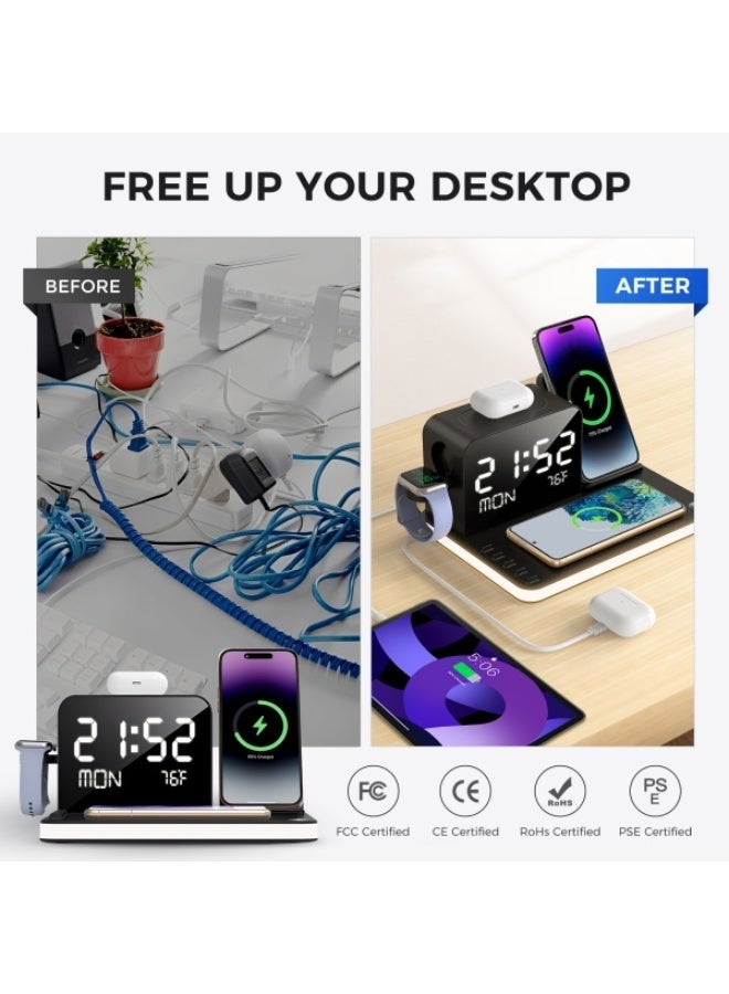 Domars 7-in-1 Wireless Charging Station: Charger Stand for Multiple Devices for iPhone 17 16 15 14 13 12 Pro Max Apple Watch Airpods, Wireless Charger Bluetooth Time Sync & Temperature,Wireless Charger with Night Light - Image 5