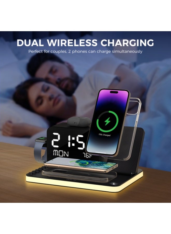 Domars 7-in-1 Wireless Charging Station: Charger Stand for Multiple Devices for iPhone 17 16 15 14 13 12 Pro Max Apple Watch Airpods, Wireless Charger Bluetooth Time Sync & Temperature,Wireless Charger with Night Light - Image 2