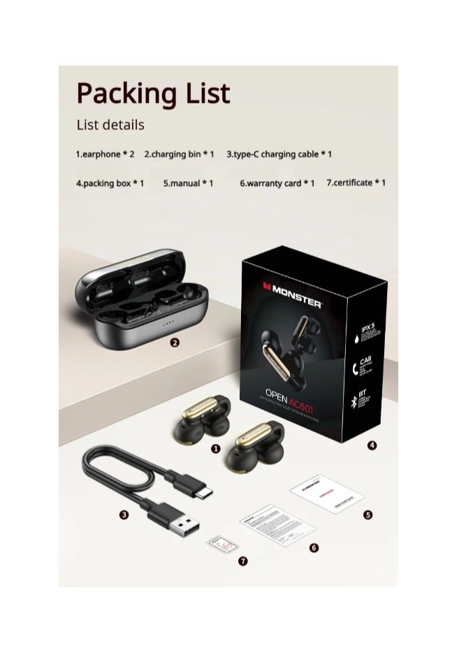 Monster Open-Ear Wireless Earbuds AC601, Bluetooth 5.4 Clip-On Headphones with ENC Noise Cancellation, IPX5 Waterproof, 32H Battery, Hi-Fi Sound with PVK Diaphragm, Touch Control for Workout/Gym/Running