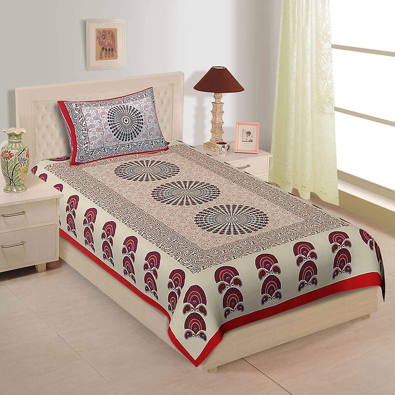 EarlyMart Comfort Rajasthani Jaipuri Traditional Sanganeri Printed 144 TC Cotton Single Size Bed Bedsheet with 1 Pillow Cover - Multicolor - Image 5