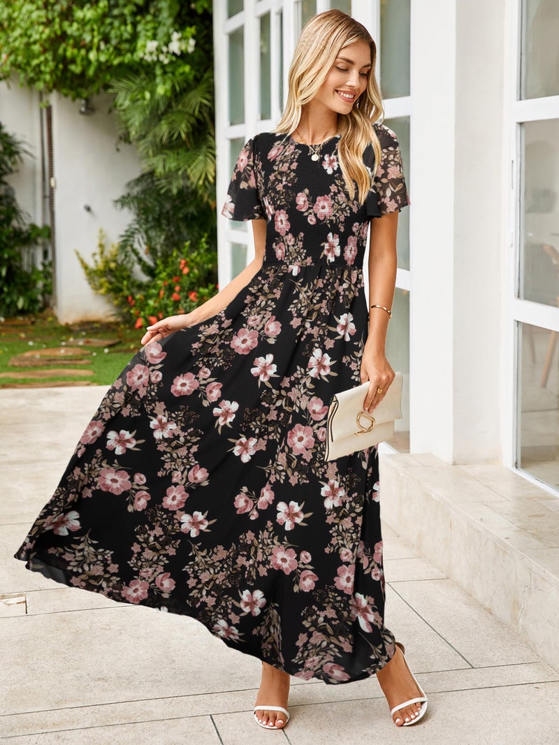 Simplee Apparel Simplee Womens Summer Wedding Guest Dresses Floral A line High Waist Wedding Guest Long Dress Smocked Vacation Travel Midi Sun Dress(Black Pink XL) - Image 2