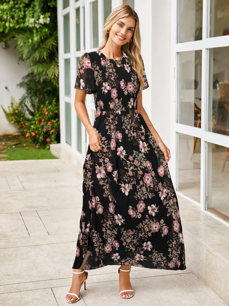 Simplee Apparel Simplee Womens Summer Wedding Guest Dresses Floral A line High Waist Wedding Guest Long Dress Smocked Vacation Travel Midi Sun Dress(Black Pink XL) - Image 4