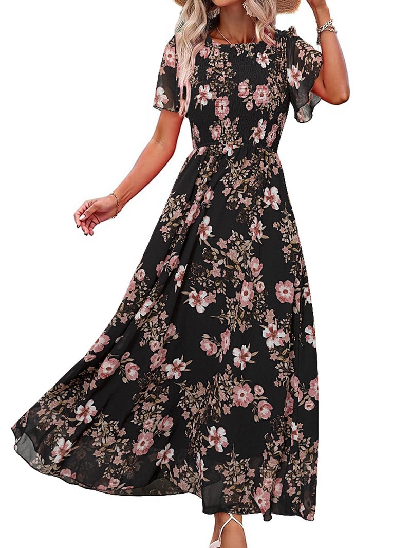 Simplee Apparel Simplee Womens Summer Wedding Guest Dresses Floral A line High Waist Wedding Guest Long Dress Smocked Vacation Travel Midi Sun Dress(Black Pink XL) - Image 1