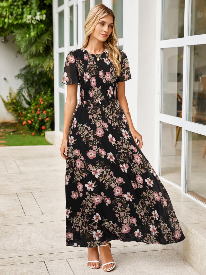 Simplee Apparel Simplee Womens Summer Wedding Guest Dresses Floral A line High Waist Wedding Guest Long Dress Smocked Vacation Travel Midi Sun Dress(Black Pink XL) - Image 5