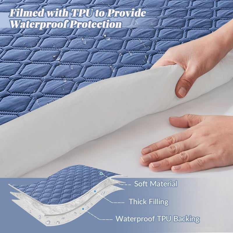 Highdi Waterproof Double Mattress Protector 180 x 200 cm, Blue Fitted Sheet in Cotton and Microfibre Protection, Mattress Protector, Breathable, All Around Elastic - Image 3