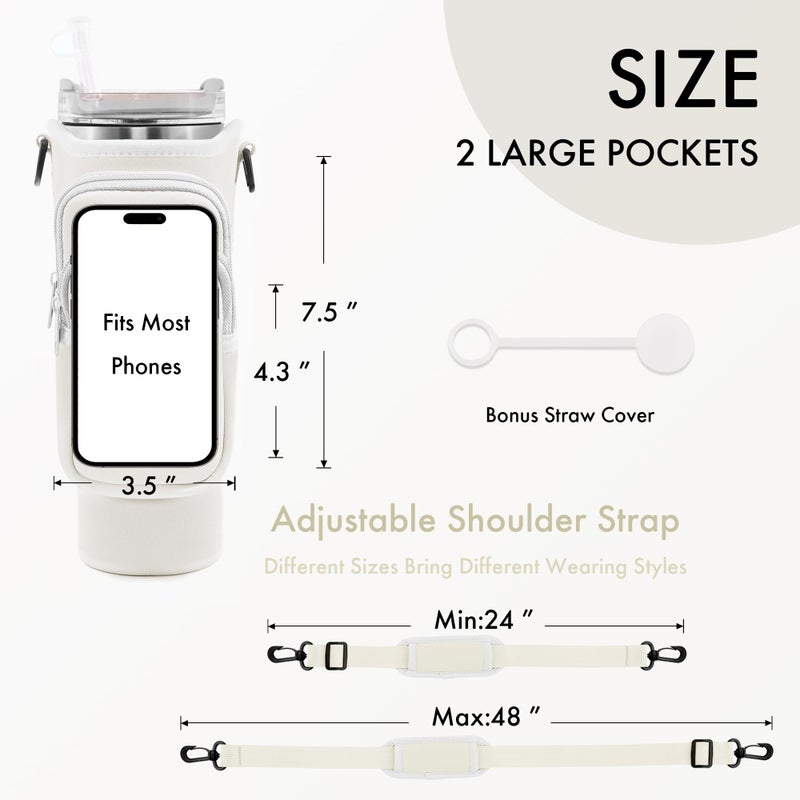 JEBEALUO JEBEALUO Water Bottle Carrier Bag with Phone Pocket for Stanley Cup 40/30 oz, Water Bottle Holder with Adjustable Strap& Straw Cover, Stanley Cup Accessories (White)  - Image 5