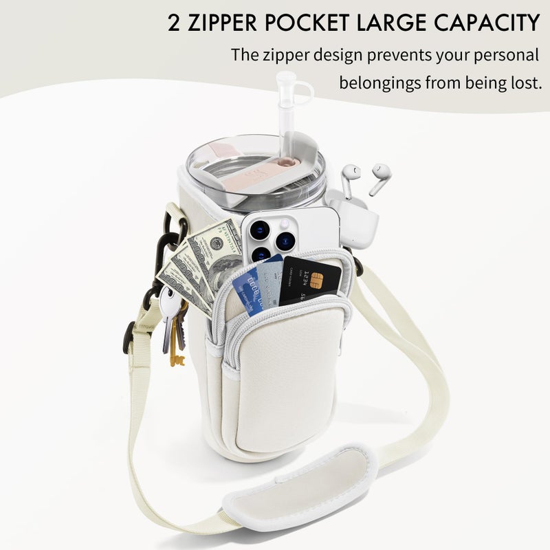 JEBEALUO JEBEALUO Water Bottle Carrier Bag with Phone Pocket for Stanley Cup 40/30 oz, Water Bottle Holder with Adjustable Strap& Straw Cover, Stanley Cup Accessories (White)  - Image 4