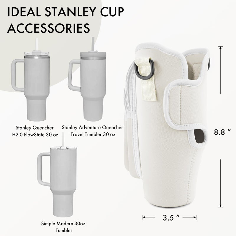 JEBEALUO JEBEALUO Water Bottle Carrier Bag with Phone Pocket for Stanley Cup 40/30 oz, Water Bottle Holder with Adjustable Strap& Straw Cover, Stanley Cup Accessories (White)  - Image 3