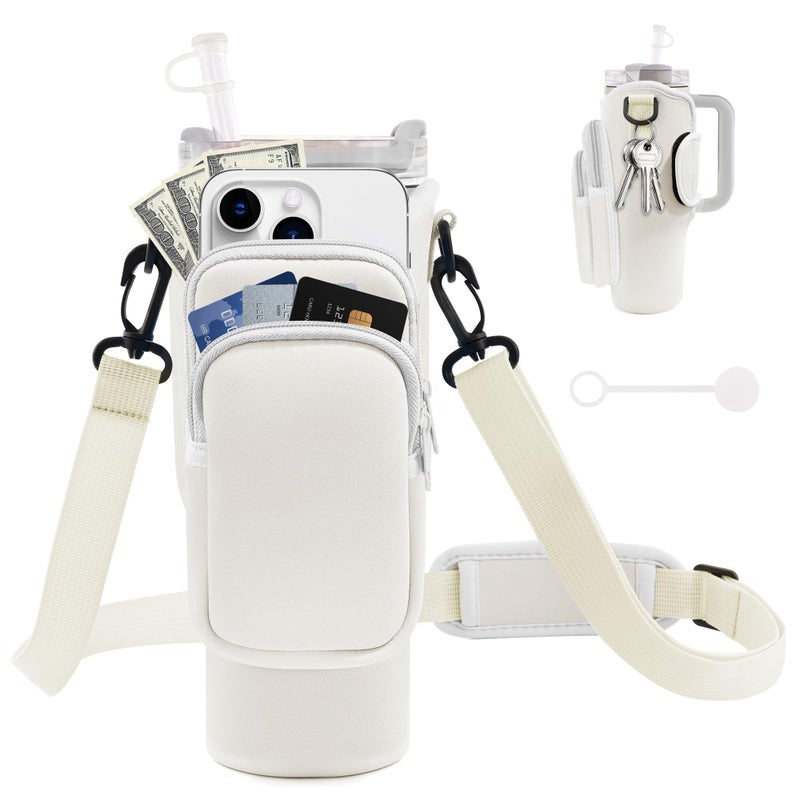 JEBEALUO JEBEALUO Water Bottle Carrier Bag with Phone Pocket for Stanley Cup 40/30 oz, Water Bottle Holder with Adjustable Strap& Straw Cover, Stanley Cup Accessories (White)  - Image 1