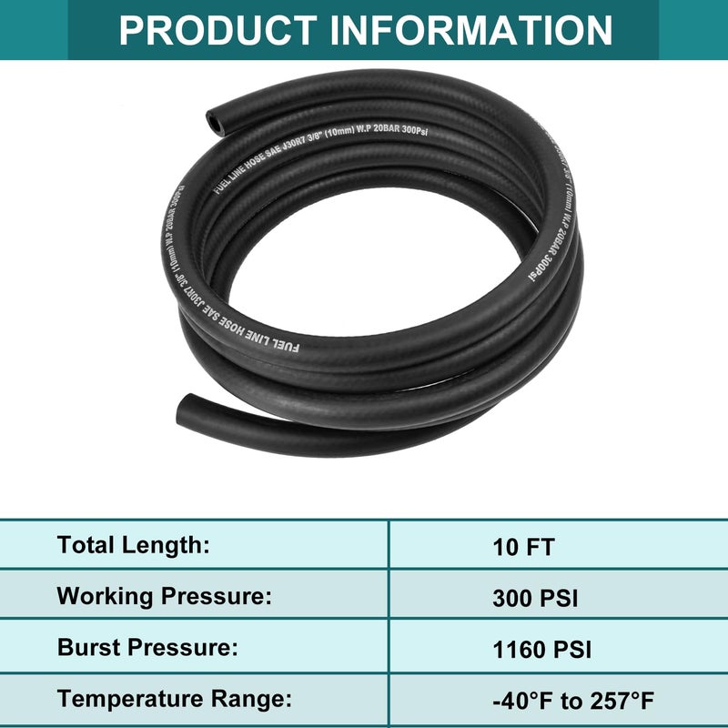 Allwin 3/8 Inch ID Fuel Line Hose - 10FT Marine Grade Fuel Line with 10PCS Hose Clamps,300PSI High-Pressure Fuel Line for Automotive Fuel Systems Engines (3/8" ID-10Ft) - Image 5
