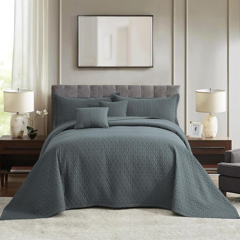 غطاء سرير ملكي كبير الحجم 128x120 عريض للغاية مظهر حديث معاصر خفيف الوزن قابل للعكس 5 قطع 100 ميكروفايبر رمادي فضي