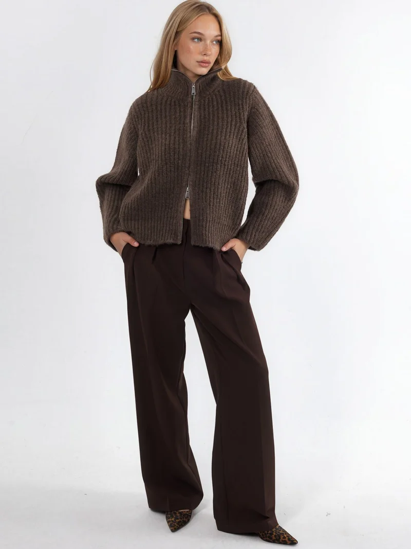 HICCUP Thick Textured Turtleneck Zip-Up Cardigan