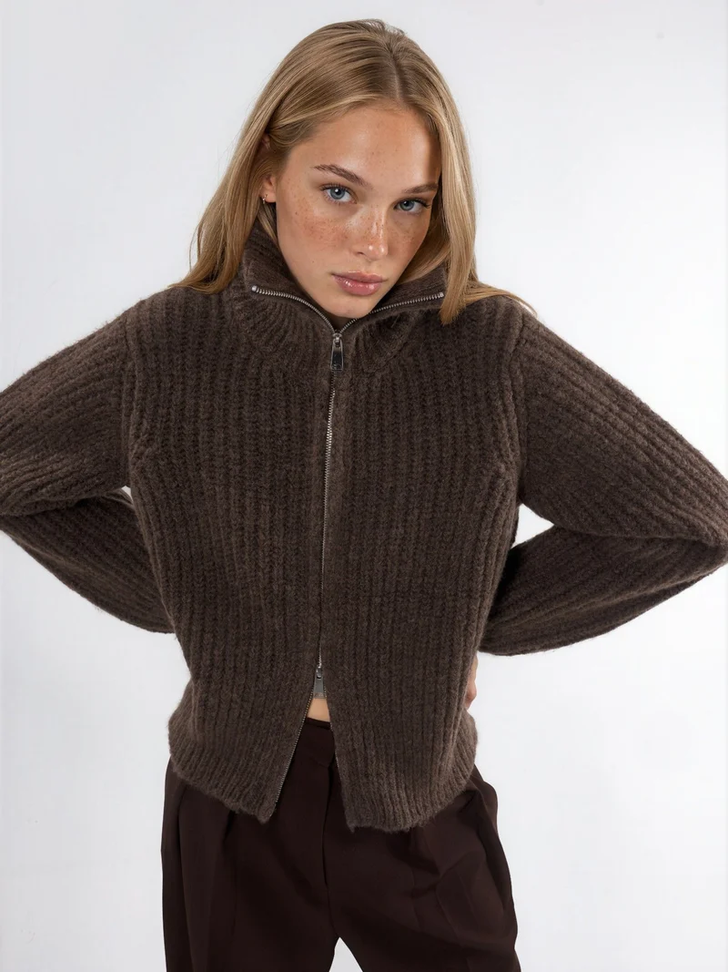 Hiccup Dark Mocha Brown Thick Textured Turtleneck Zip-Up Cardigan for Women | Best Price UAE