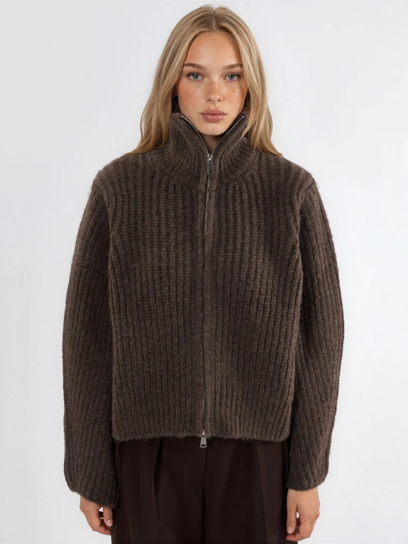 Hiccup Dark Mocha Brown Thick Textured Turtleneck Zip-Up Cardigan for Women | Best Price UAE