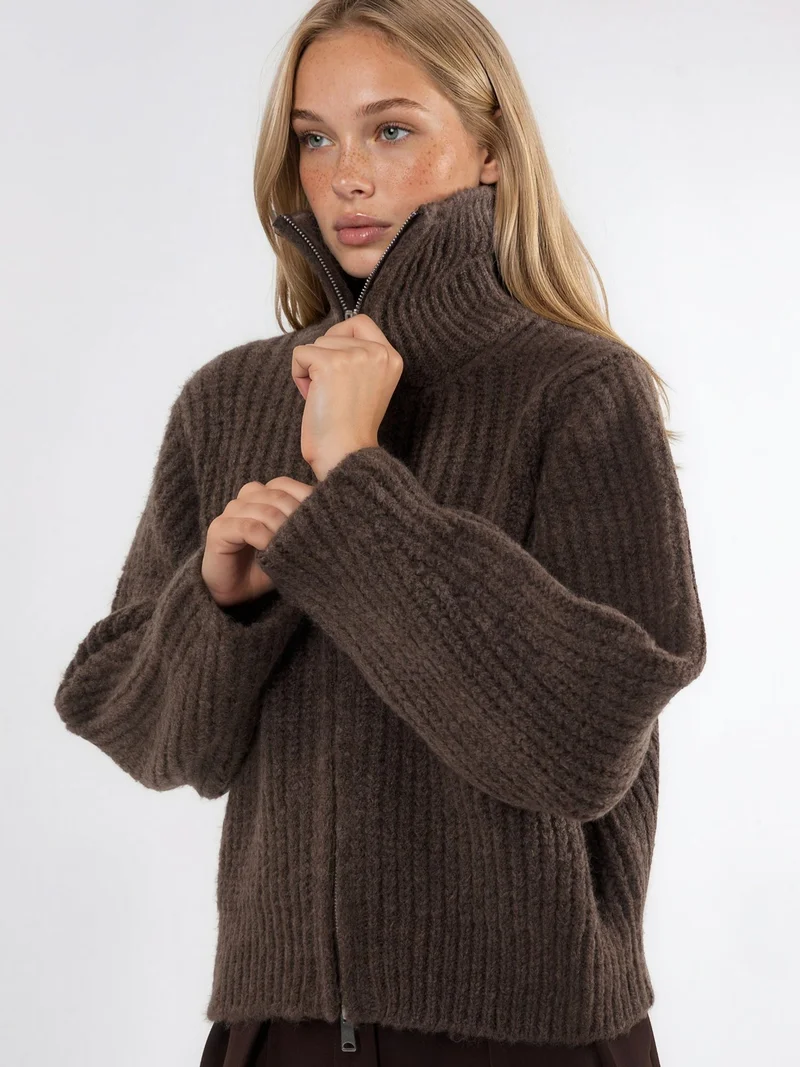 HICCUP Thick Textured Turtleneck Zip-Up Cardigan