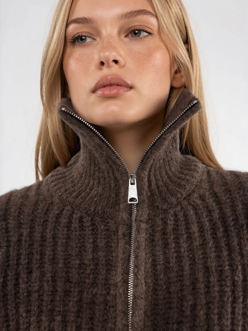 Hiccup Dark Mocha Brown Thick Textured Turtleneck Zip-Up Cardigan for Women | Best Price UAE