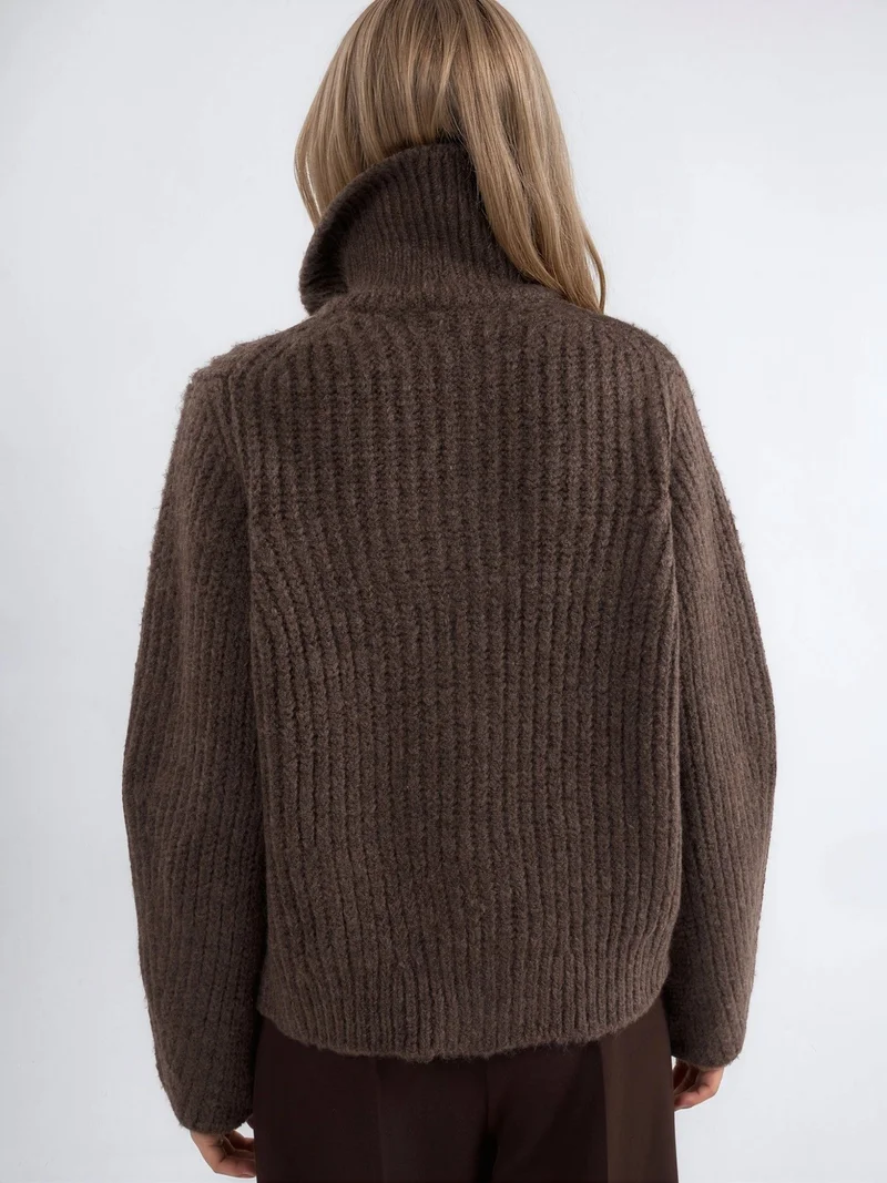 Hiccup Dark Mocha Brown Thick Textured Turtleneck Zip-Up Cardigan for Women | Best Price UAE