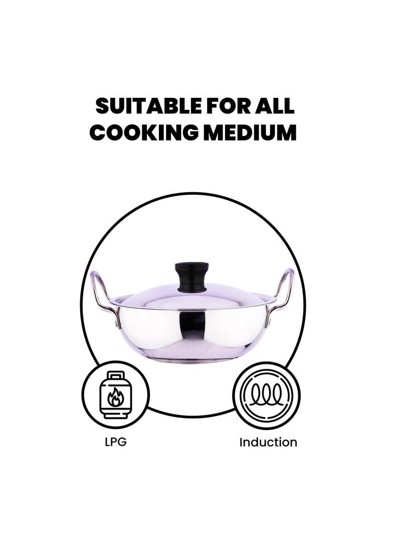 EUROstyle KITCHENWARE COOK WITH COMFORT Eurostyle Premium Stainless Steel Kadai with Lid Induction Friendly 3LStainless Steel EUS_Kadai_WL_3  - Image 2