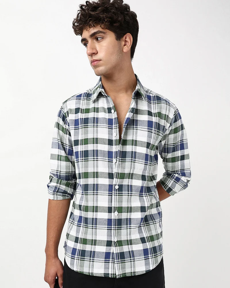 bewakoof Men's White & Green Checked Shirt
