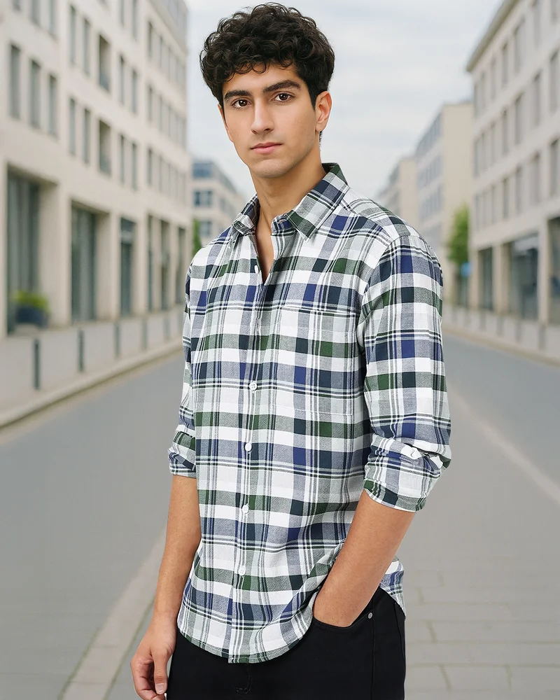 bewakoof Men's White & Green Checked Shirt