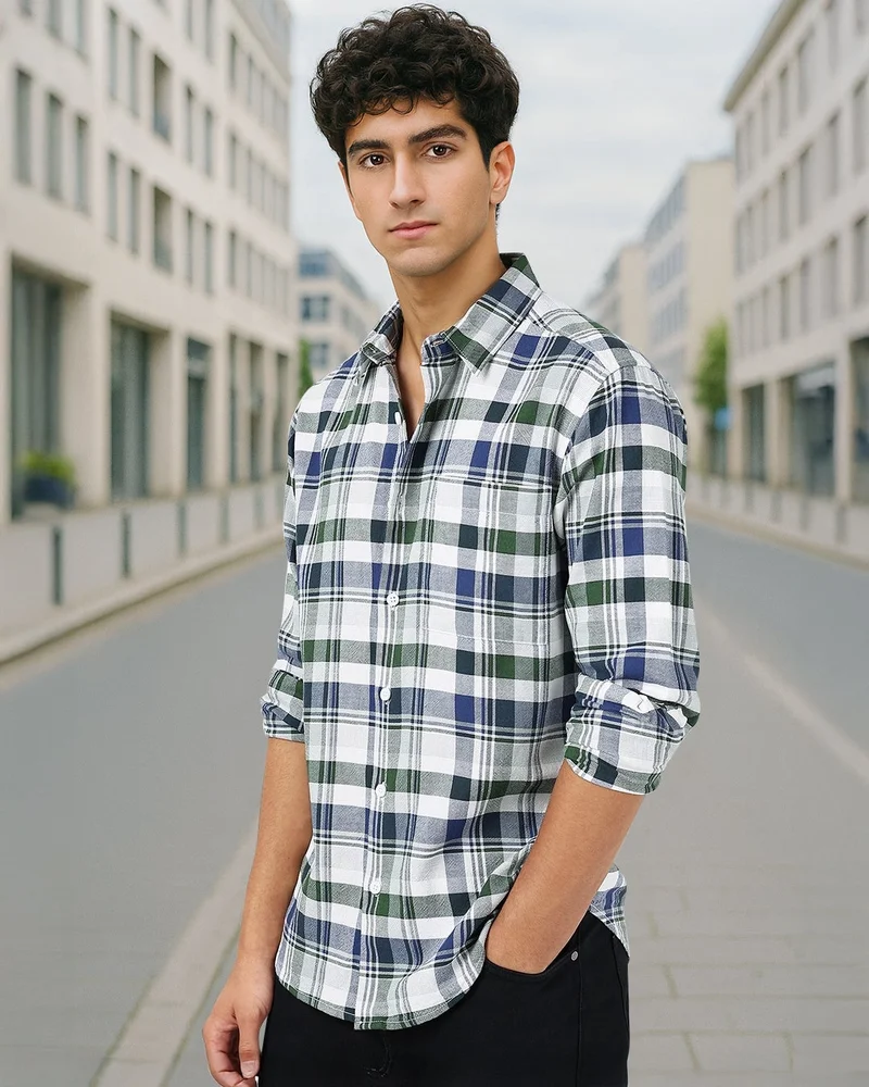 بيواكوف Men's White & Green Checked Shirt