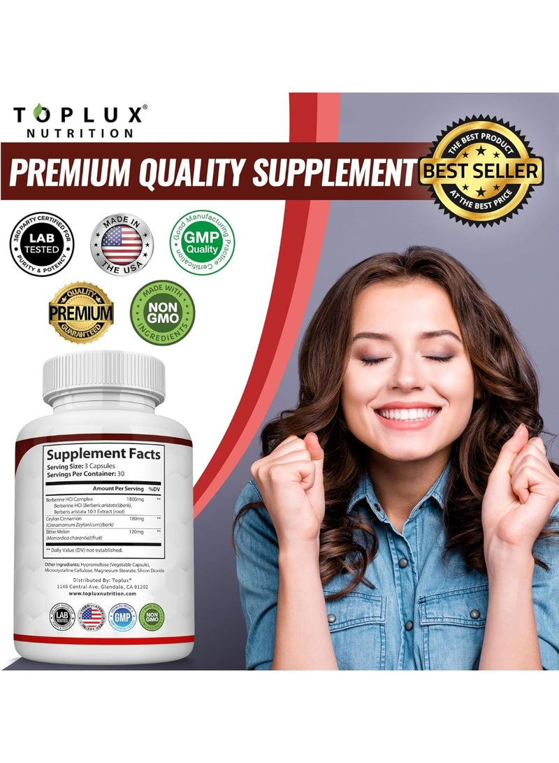 توب لوكس توبلوكس بربارين مع قرفة سيلان وقرع مر 2100 ملغ - مكمل بربارين HCL عالي النقاء 97٪، يدعم الصحة العامة وجهاز المناعة، نباتي وغير معدل وراثيًا، 90 كبسولة - Image 3