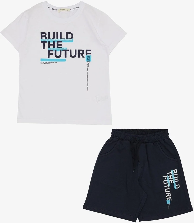 Breeze Boy Shorts Set with Text Printed Pockets, Age 8-14, White