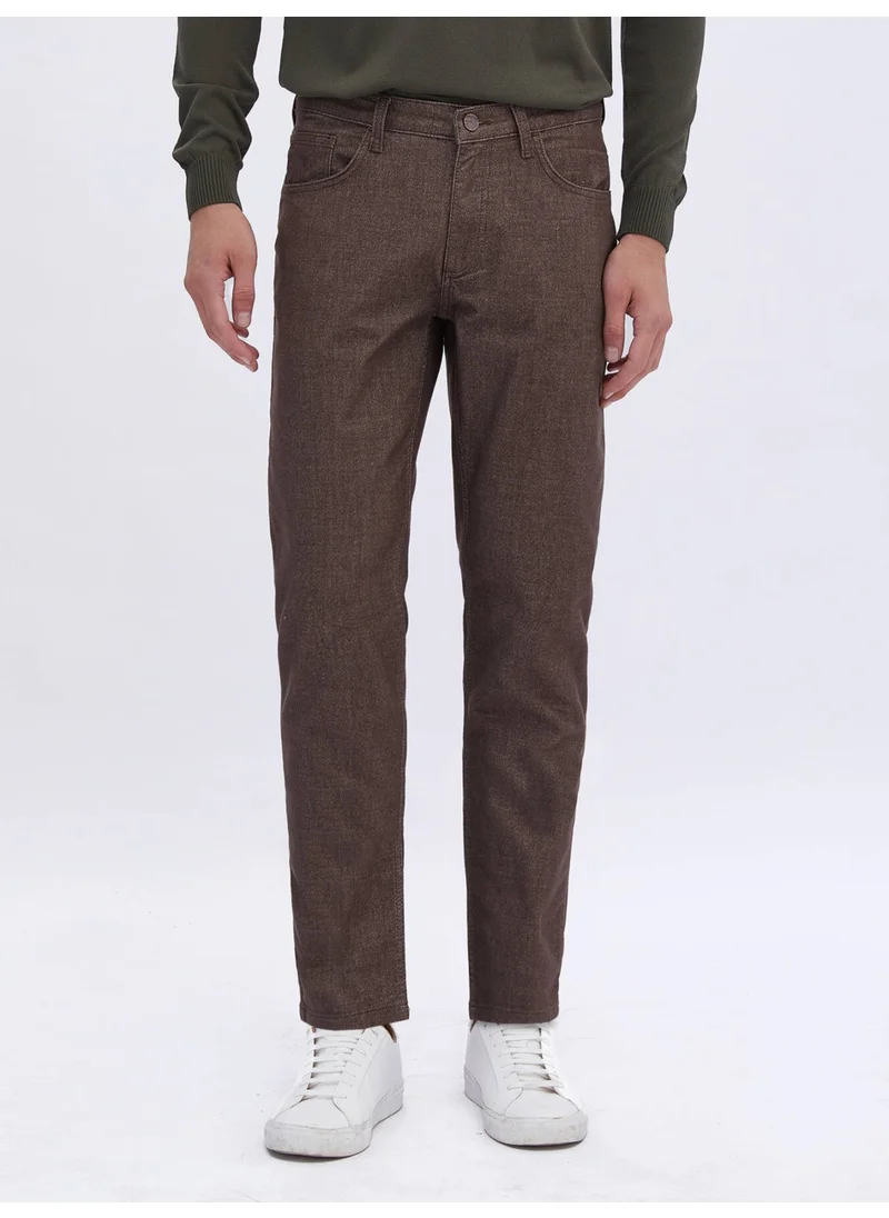 Kip Brown Woven Slim Fit Casual Cotton Blend Trousers