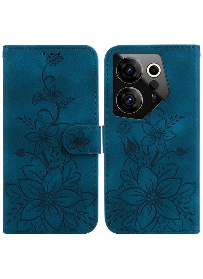 HuHa Case Cover For For Tecno Camon 20 Premier 5G Lily Embossed Leather Phone Case(Dark Blue) 
