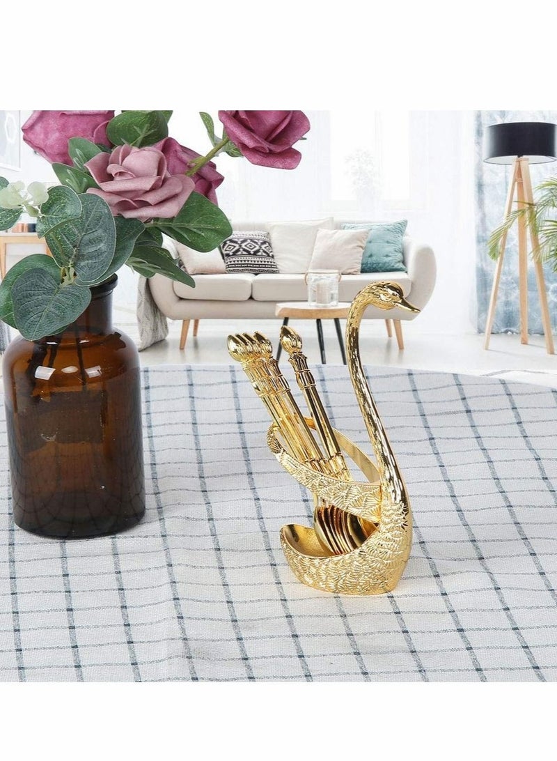 كاست ويف طقم ملاعق قهوة مع حامل على شكل بجعة من سبائك الزنك ومجموعة ملاعق قهوة من الفولاذ المقاوم للصدأ مكونة من 6 قطع لتحضير الكيك والسلطة والكوكتيل والحلوى والمارشميلو (ذهبي) - Image 2