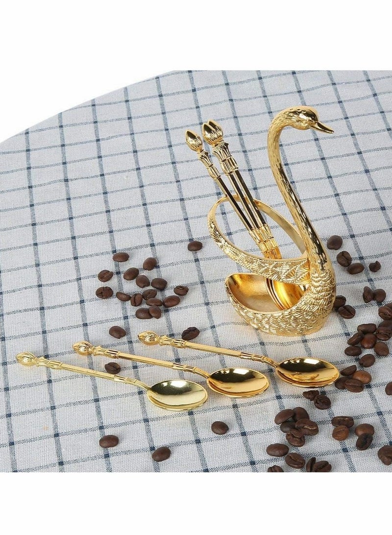 كاست ويف طقم ملاعق قهوة مع حامل على شكل بجعة من سبائك الزنك ومجموعة ملاعق قهوة من الفولاذ المقاوم للصدأ مكونة من 6 قطع لتحضير الكيك والسلطة والكوكتيل والحلوى والمارشميلو (ذهبي) - Image 4