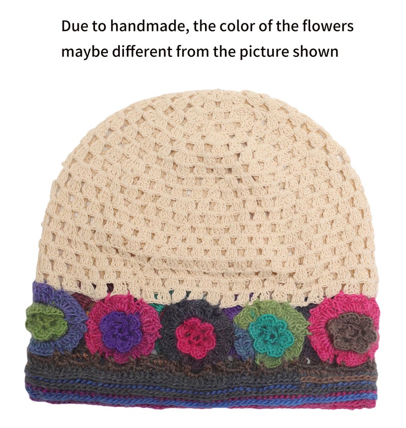 ZLYC Women Cotton Crochet Slouchy Beanie Hat Handmade Knit Cutout Summer Floral Skull Cap, Colorful Flower Beige, one Size fits Most - Image 5