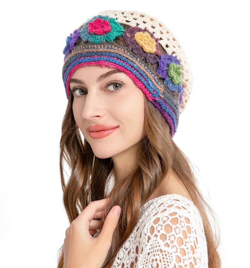 ZLYC Women Cotton Crochet Slouchy Beanie Hat Handmade Knit Cutout Summer Floral Skull Cap, Colorful Flower Beige, one Size fits Most - Image 2