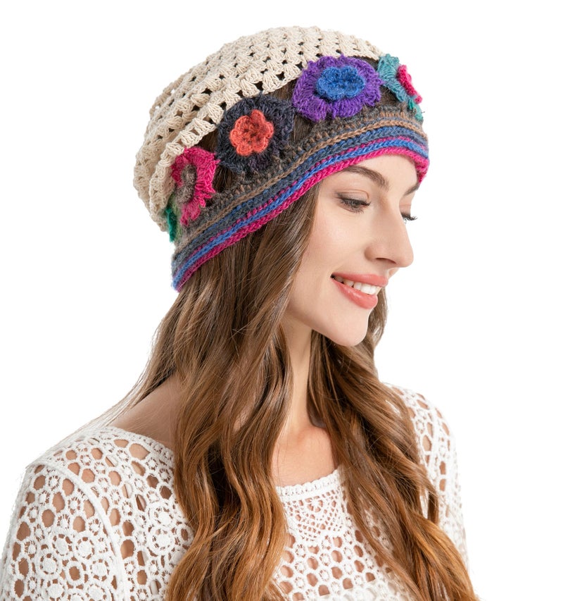 ZLYC Women Cotton Crochet Slouchy Beanie Hat Handmade Knit Cutout Summer Floral Skull Cap, Colorful Flower Beige, one Size fits Most - Image 3
