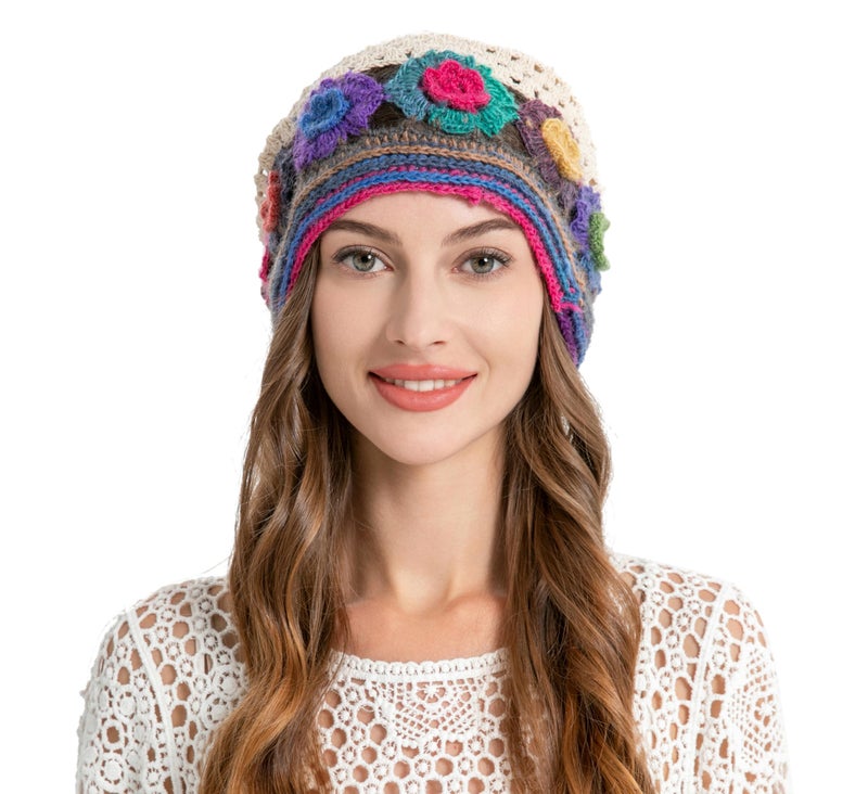 ZLYC Women Cotton Crochet Slouchy Beanie Hat Handmade Knit Cutout Summer Floral Skull Cap, Colorful Flower Beige, one Size fits Most - Image 4