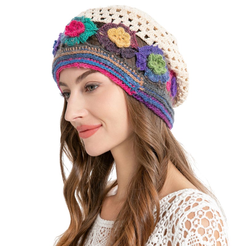 ZLYC Women Cotton Crochet Slouchy Beanie Hat Handmade Knit Cutout Summer Floral Skull Cap, Colorful Flower Beige, one Size fits Most - Image 1