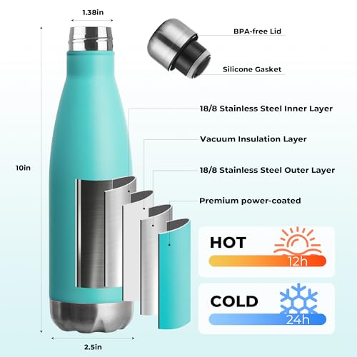 MEWAY 17oz Sport Water Bottle 8 Pack Vacuum Insulated Stainless Steel Leak-Proof Double Wall Cola Shape Water Bottle,Keep Drinks Hot & Cold (Light Blue,8 Pack) - Image 2
