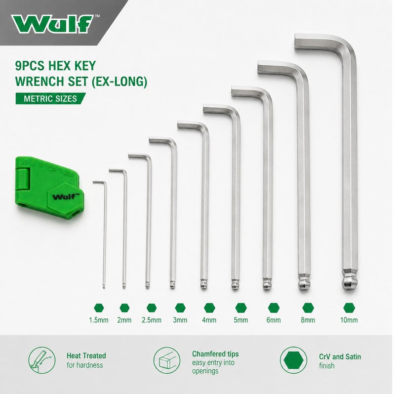Wulf 9PCS Extra Long Hex Key Wrench Set Metric Allen Key Set with Heat Treated CrV Steel Chamfered Tips & Holder for Bicycle Automotive Furniture & Mechanical Repair - Image 3