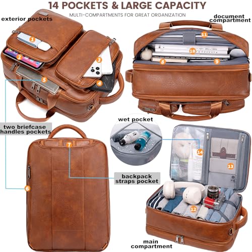 weiatas 3-in-1 Vegan Leather Convertible Laptop Bag for Men Women, 15.6 Inch Waterproof Expandable Backpack, Computer Briefcase, Shoulder Messenger Bag & Weekend Bag for Business Travel Work (Brown) - Image 3