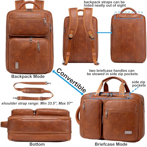 weiatas 3-in-1 Vegan Leather Convertible Laptop Bag for Men Women, 15.6 Inch Waterproof Expandable Backpack, Computer Briefcase, Shoulder Messenger Bag & Weekend Bag for Business Travel Work (Brown) - Image 5