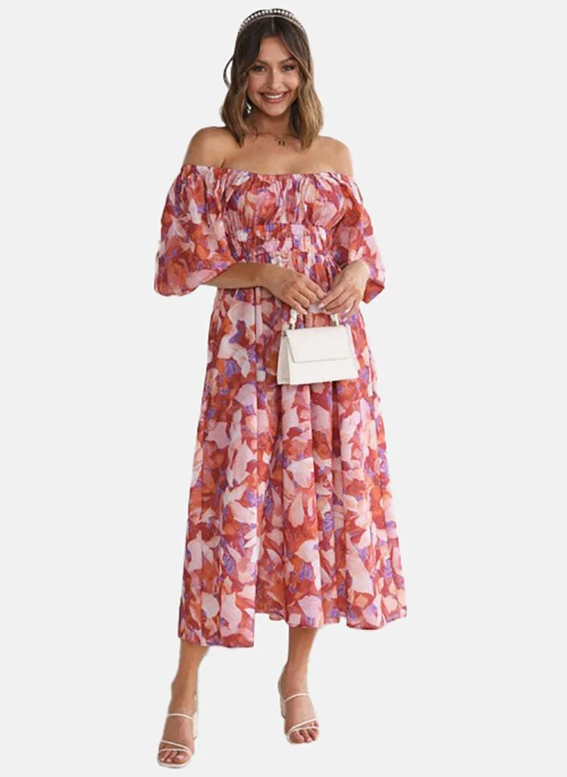 YUNIQEE Pink Flared Printed Off-shoulder Half Sleeve Dress